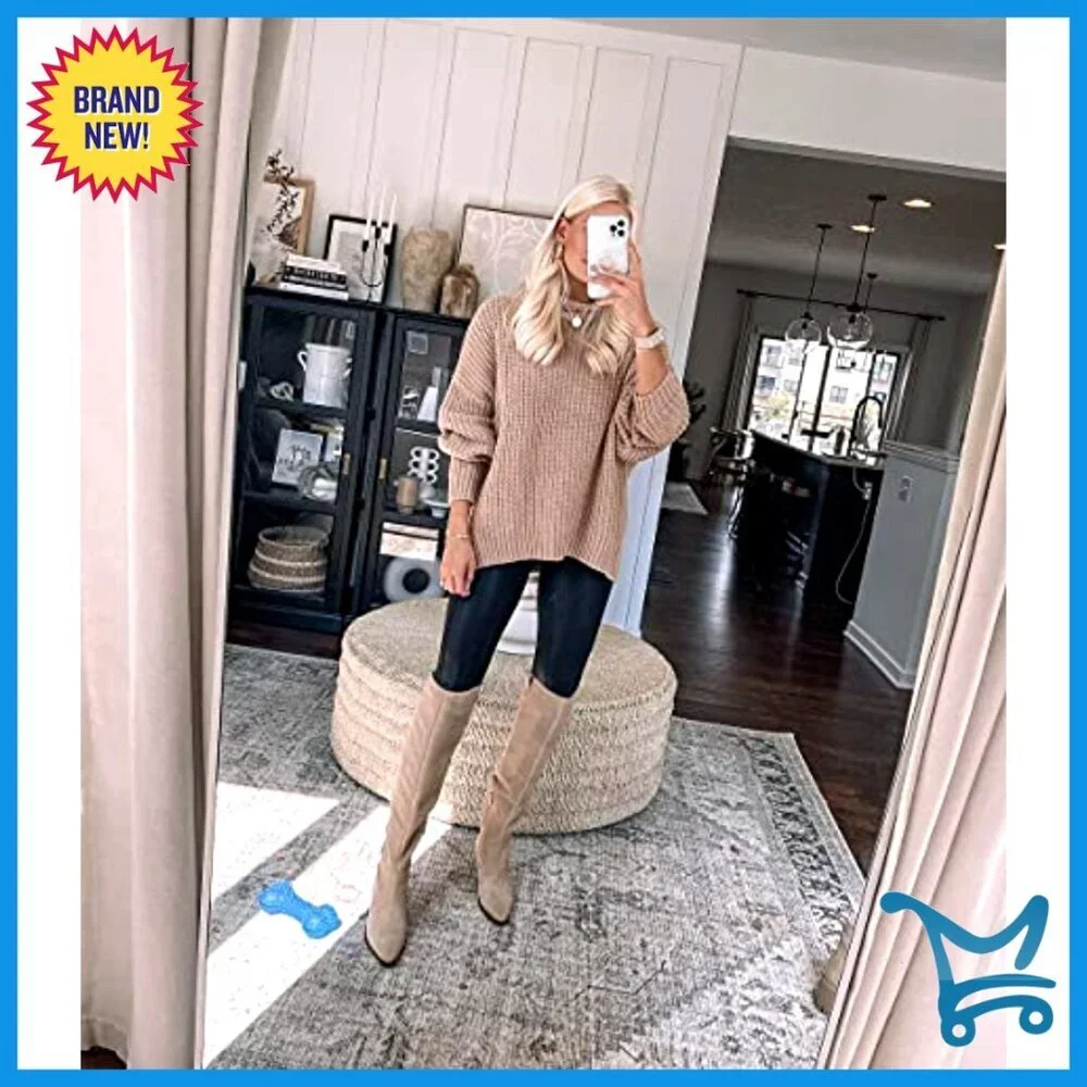 Faux Suede Knee High Boots Side Zipper Chunky Heel Stretch Winter
